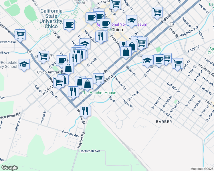 map of restaurants, bars, coffee shops, grocery stores, and more near 928 Hazel Street in Chico