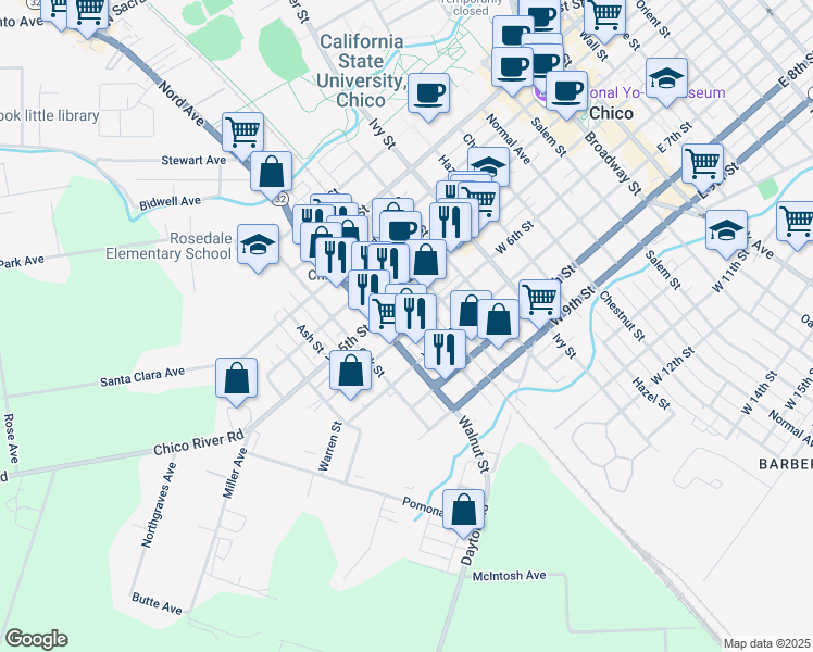 map of restaurants, bars, coffee shops, grocery stores, and more near 1036 West 6th Street in Chico