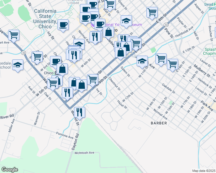 map of restaurants, bars, coffee shops, grocery stores, and more near 941 Hazel Street in Chico
