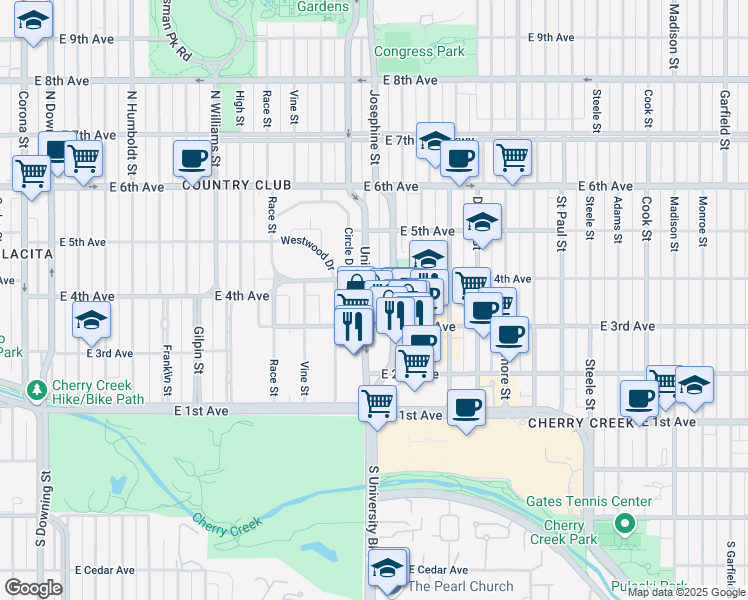 map of restaurants, bars, coffee shops, grocery stores, and more near 325 University Boulevard in Denver