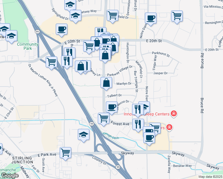 map of restaurants, bars, coffee shops, grocery stores, and more near 2107 Forest Avenue in Chico