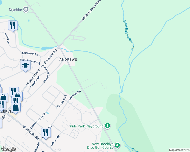 map of restaurants, bars, coffee shops, grocery stores, and more near 304 Erial Road in Winslow Township