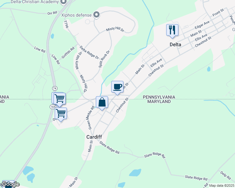 map of restaurants, bars, coffee shops, grocery stores, and more near 600 Main Street in Delta