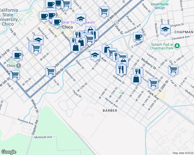 map of restaurants, bars, coffee shops, grocery stores, and more near 225 West 12th Street in Chico