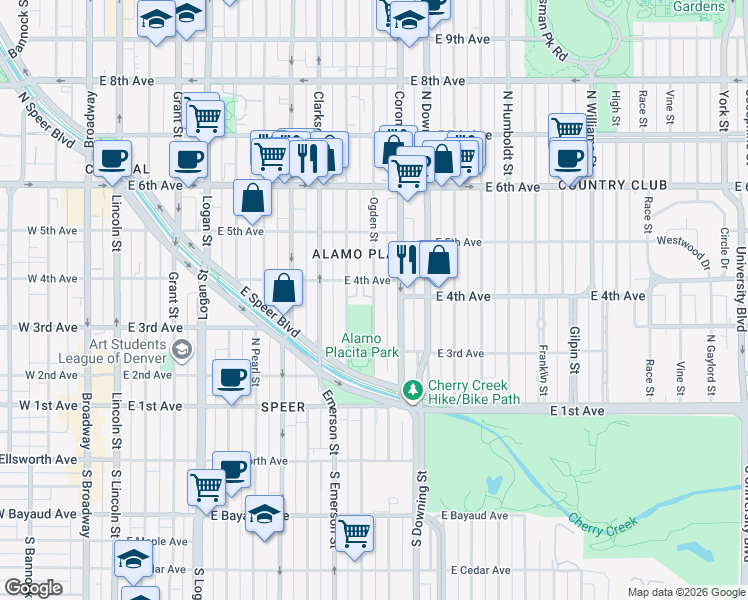 map of restaurants, bars, coffee shops, grocery stores, and more near 375 Corona Street in Denver