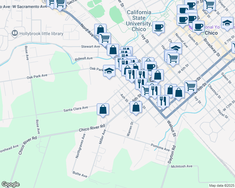 map of restaurants, bars, coffee shops, grocery stores, and more near 315 Hickory Street in Chico