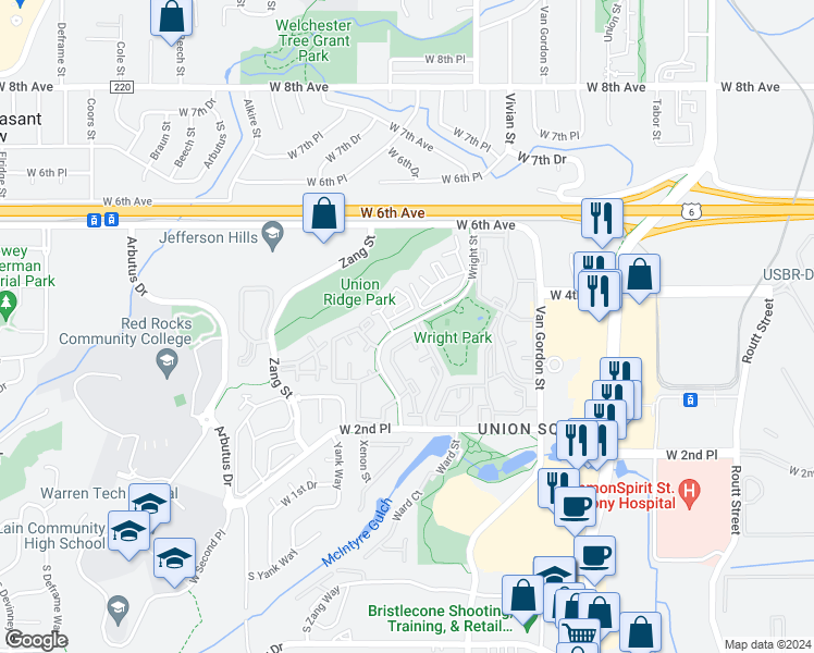 map of restaurants, bars, coffee shops, grocery stores, and more near Wright Street in Denver