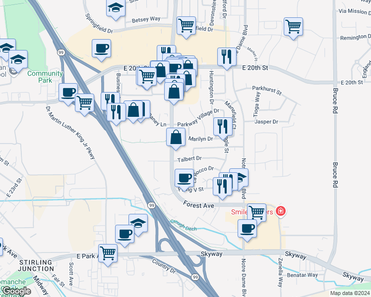 map of restaurants, bars, coffee shops, grocery stores, and more near 2107 Forest Avenue in Chico