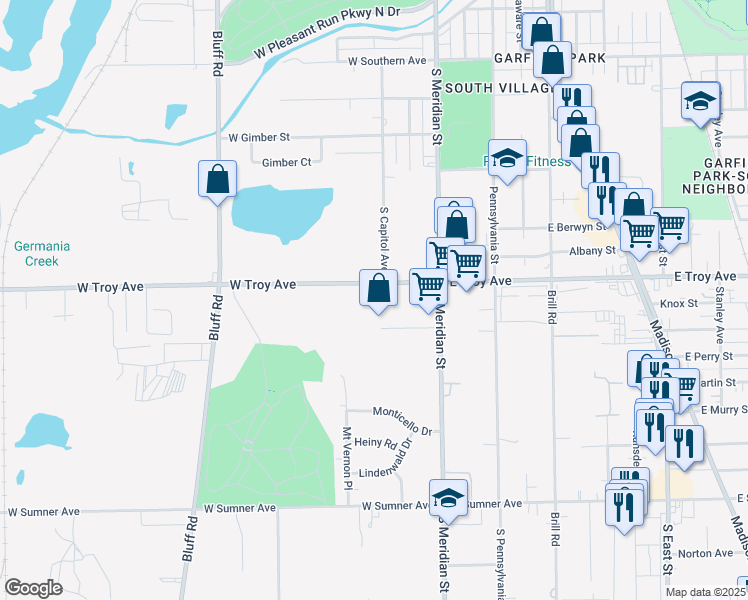 map of restaurants, bars, coffee shops, grocery stores, and more near 205 West Troy Avenue in Indianapolis
