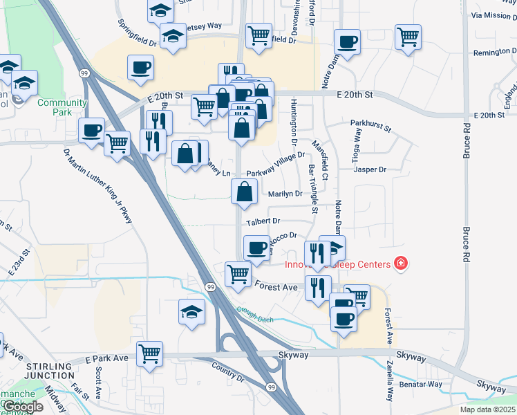 map of restaurants, bars, coffee shops, grocery stores, and more near 2195 Robailey Drive in Chico