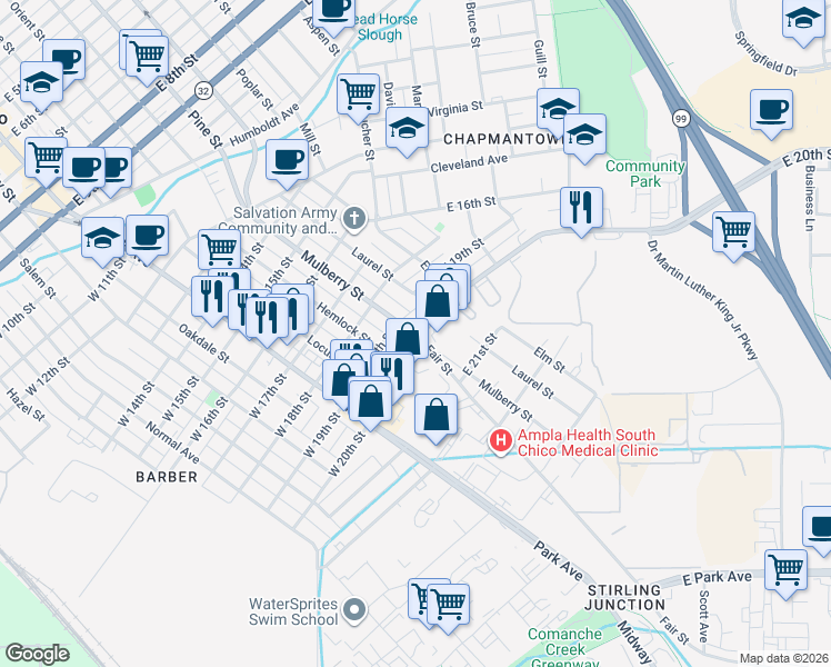 map of restaurants, bars, coffee shops, grocery stores, and more near 2085 Mulberry Street in Chico