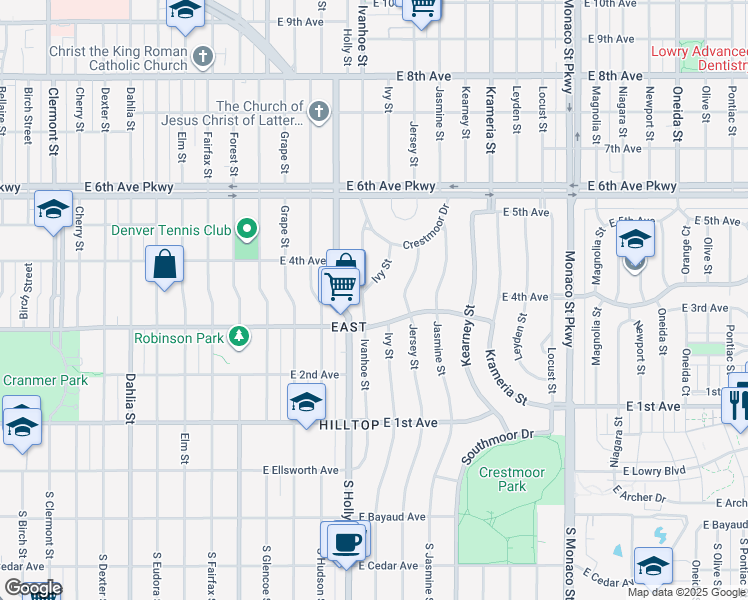 map of restaurants, bars, coffee shops, grocery stores, and more near 5801 East 3rd Avenue in Denver