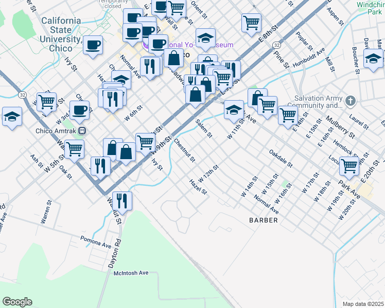 map of restaurants, bars, coffee shops, grocery stores, and more near 1021 Chestnut Street in Chico