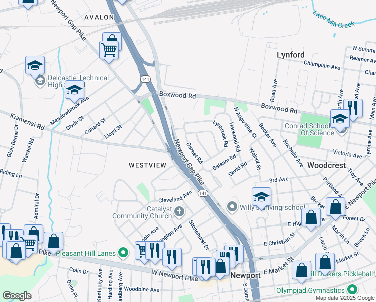 map of restaurants, bars, coffee shops, grocery stores, and more near 714 Garnet Road in Wilmington