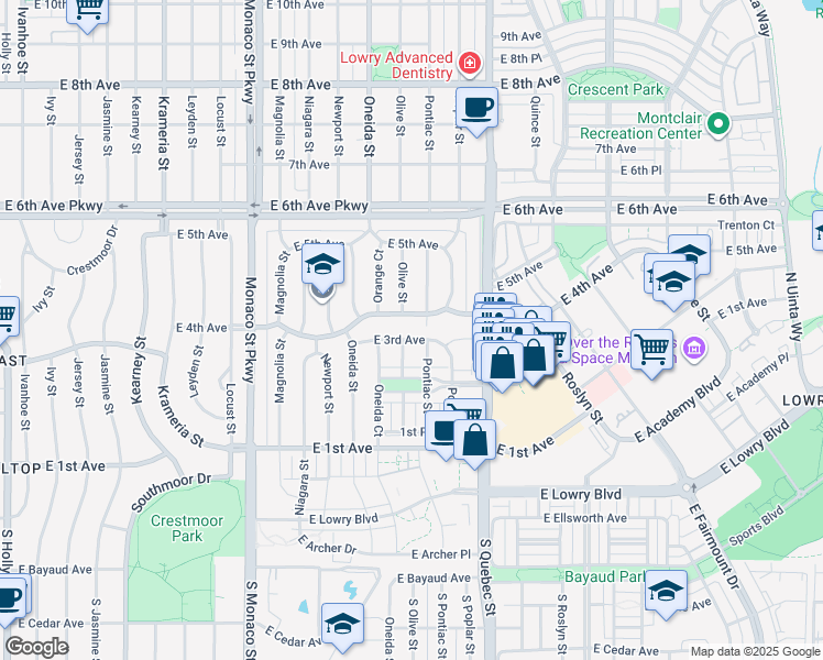 map of restaurants, bars, coffee shops, grocery stores, and more near 295 Olive Street in Denver