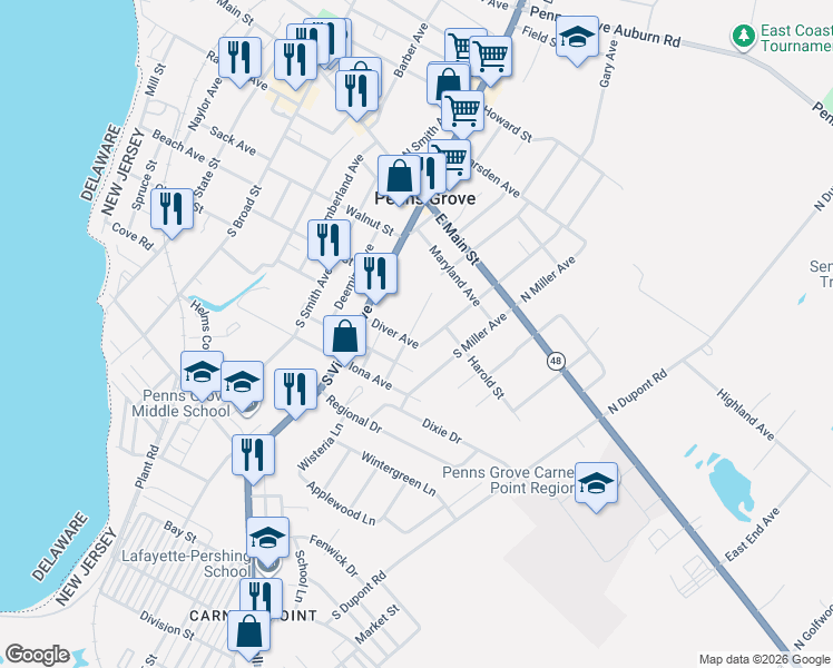 map of restaurants, bars, coffee shops, grocery stores, and more near 301 Gillette Avenue in Penns Grove