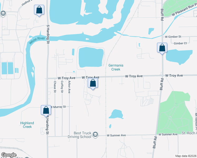 map of restaurants, bars, coffee shops, grocery stores, and more near 999 West Troy Avenue in Indianapolis