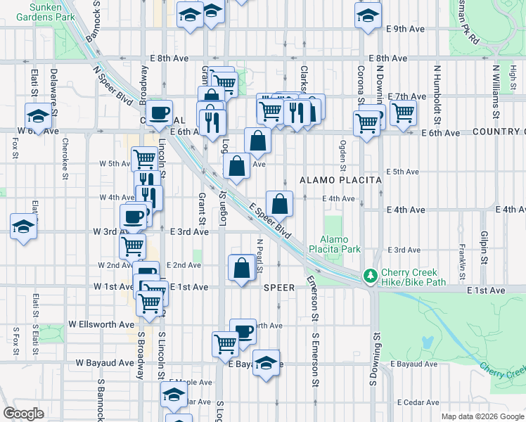 map of restaurants, bars, coffee shops, grocery stores, and more near 351 Pearl Street in Denver
