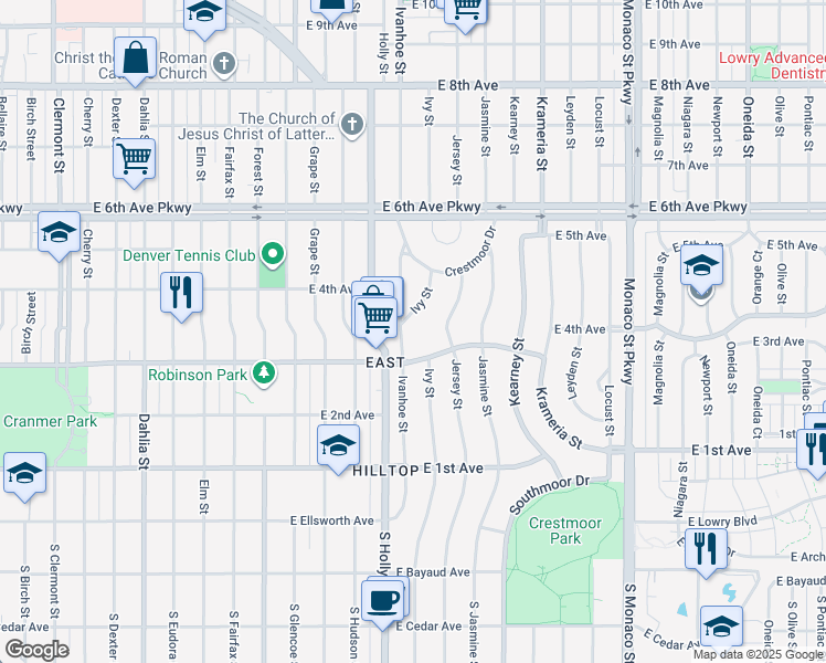 map of restaurants, bars, coffee shops, grocery stores, and more near 5801 East 3rd Avenue in Denver