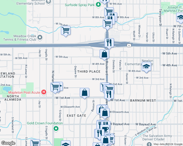 map of restaurants, bars, coffee shops, grocery stores, and more near 5395 West 3rd Avenue in Lakewood