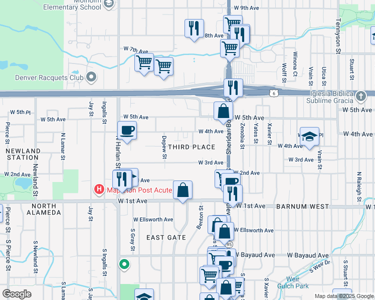 map of restaurants, bars, coffee shops, grocery stores, and more near 5475 West 3rd Avenue in Lakewood