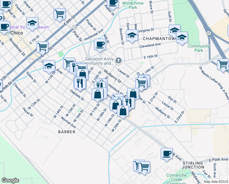 map of restaurants, bars, coffee shops, grocery stores, and more near 283 East 18th Street in Chico