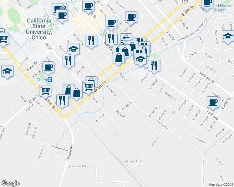 map of restaurants, bars, coffee shops, grocery stores, and more near 1014 Chestnut Street in Chico
