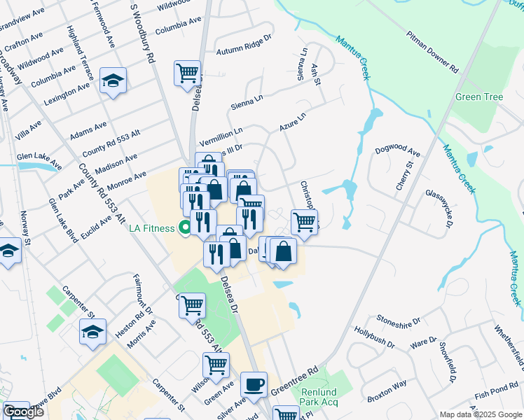 map of restaurants, bars, coffee shops, grocery stores, and more near 52 Winterberry Court in Glassboro
