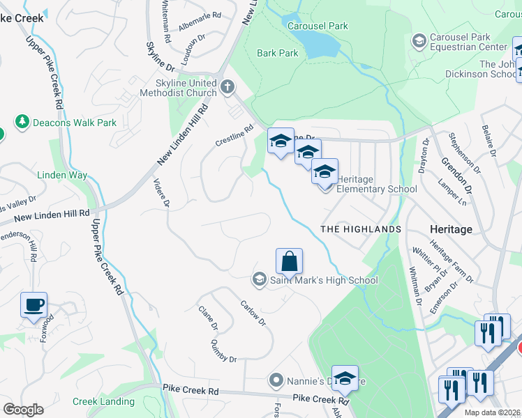 map of restaurants, bars, coffee shops, grocery stores, and more near 2827 Videre Drive in Wilmington