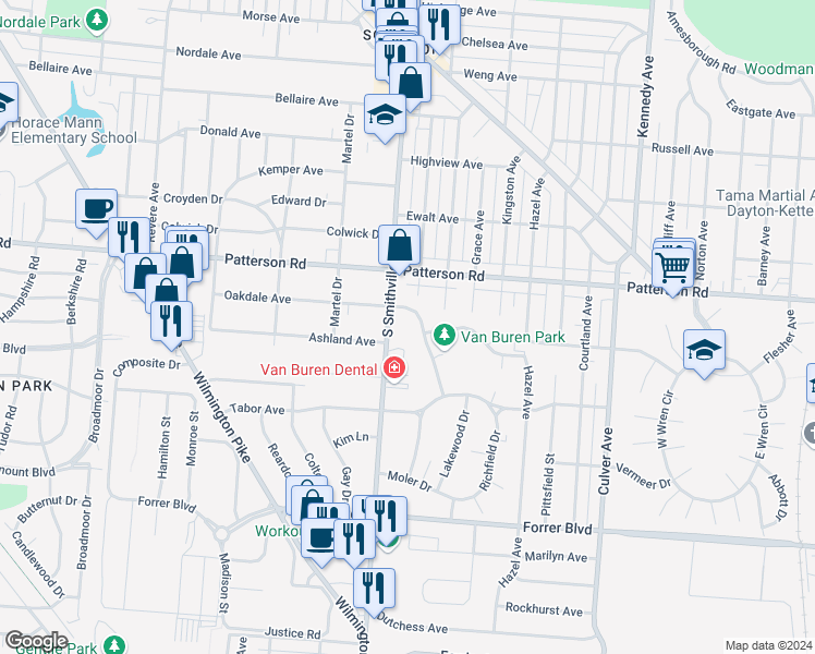 map of restaurants, bars, coffee shops, grocery stores, and more near 3230 Smithville Road in Dayton