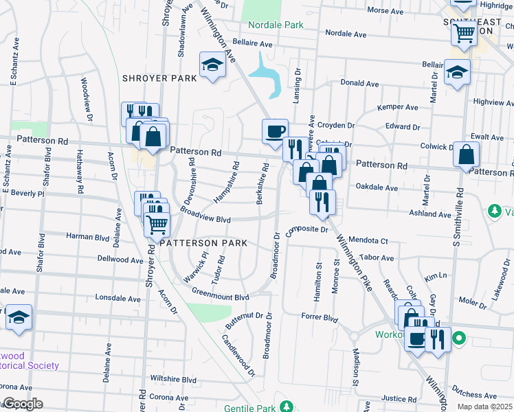 map of restaurants, bars, coffee shops, grocery stores, and more near 1137 Broadview Boulevard in Dayton