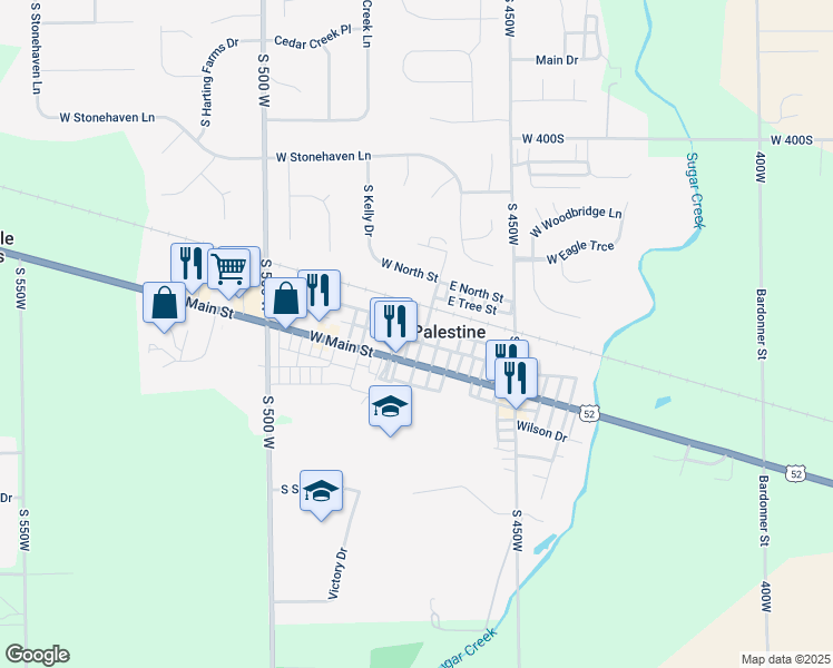 map of restaurants, bars, coffee shops, grocery stores, and more near 14 West Main Street in New Palestine