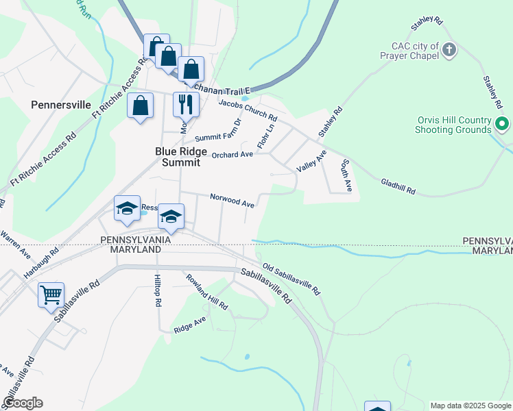 map of restaurants, bars, coffee shops, grocery stores, and more near 15413 Norwood Avenue in Blue Ridge Summit