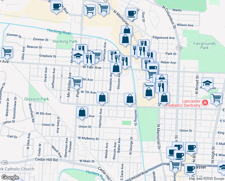 map of restaurants, bars, coffee shops, grocery stores, and more near 643 Goodwin Avenue in Lancaster