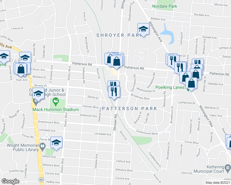 map of restaurants, bars, coffee shops, grocery stores, and more near 921 Shroyer Road in Dayton