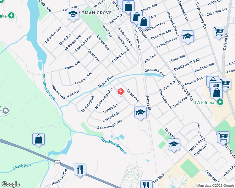 map of restaurants, bars, coffee shops, grocery stores, and more near 1203 Woodruff Road in Glassboro