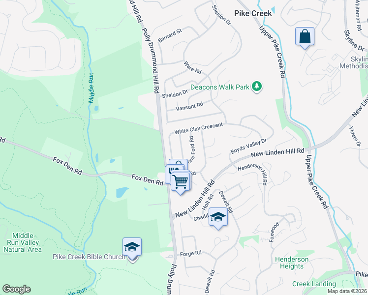 map of restaurants, bars, coffee shops, grocery stores, and more near 24 Tysons Ford Road in Newark