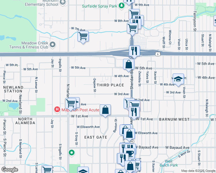 map of restaurants, bars, coffee shops, grocery stores, and more near 5475 West 3rd Avenue in Lakewood
