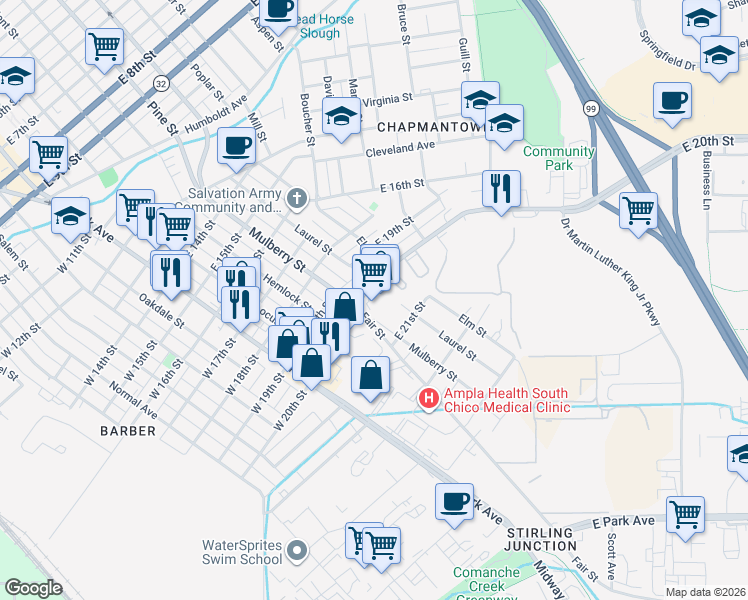 map of restaurants, bars, coffee shops, grocery stores, and more near 465 East 20th Street in Chico