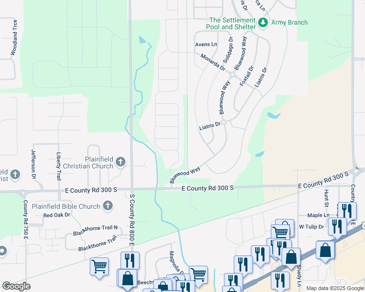 map of restaurants, bars, coffee shops, grocery stores, and more near 2801 Anchusa Drive in Cartersburg
