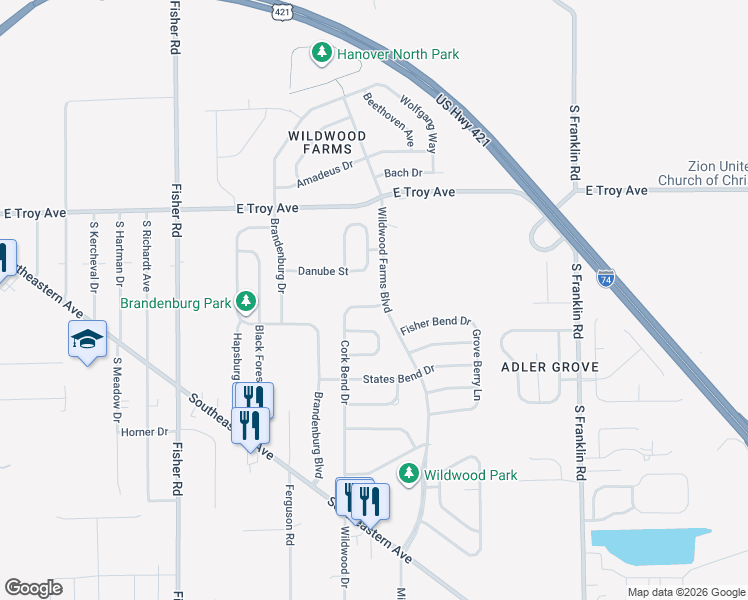 map of restaurants, bars, coffee shops, grocery stores, and more near 3212 Cork Bend Drive in Indianapolis