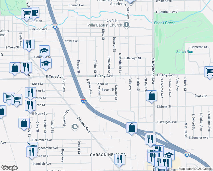 map of restaurants, bars, coffee shops, grocery stores, and more near 3051 Asbury Street in Indianapolis