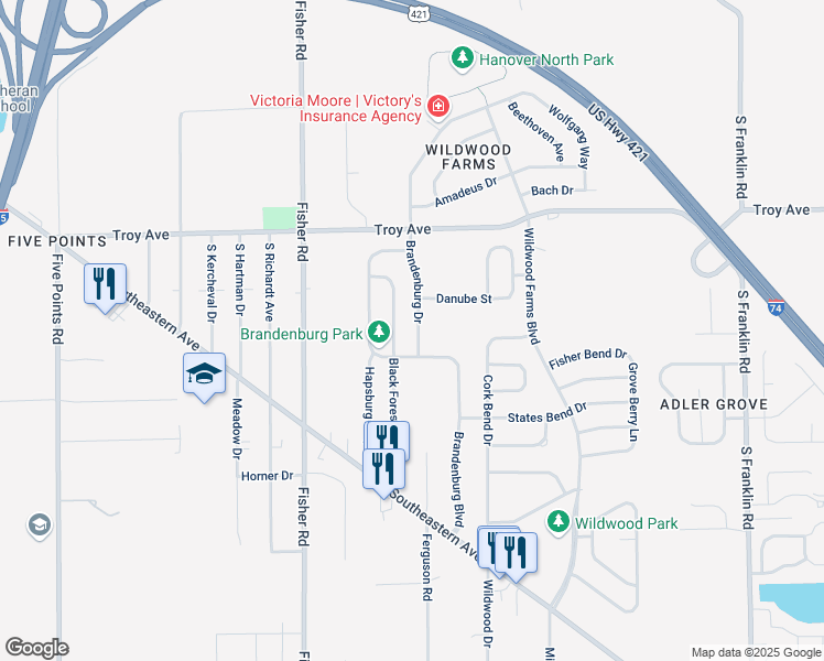map of restaurants, bars, coffee shops, grocery stores, and more near 3206 Brandenburg Drive in Indianapolis