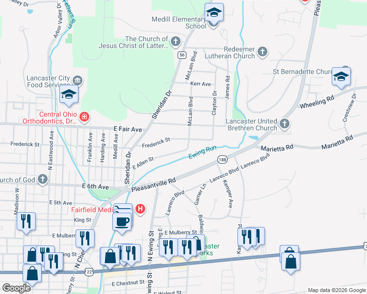 map of restaurants, bars, coffee shops, grocery stores, and more near 1351 East Allen Street in Lancaster