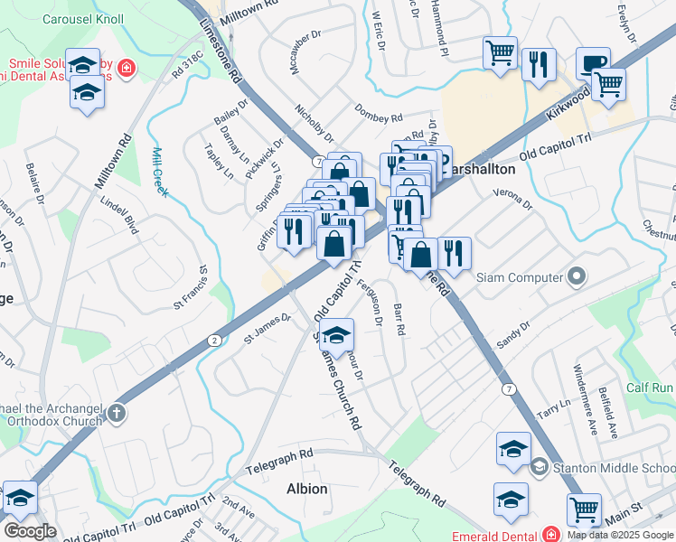 map of restaurants, bars, coffee shops, grocery stores, and more near 4800 Old Capitol Trail in Wilmington