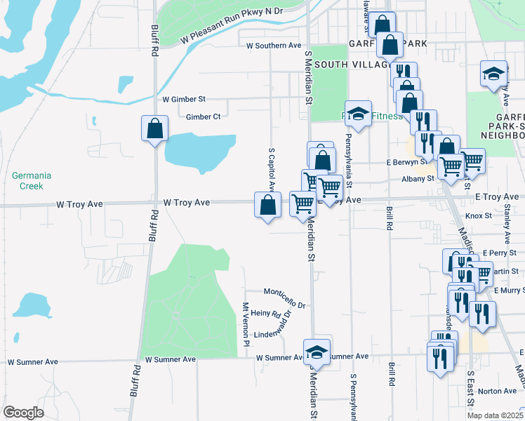 map of restaurants, bars, coffee shops, grocery stores, and more near 215 West Troy Avenue in Indianapolis