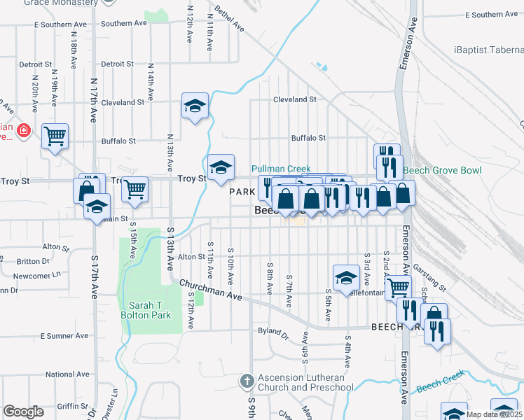 map of restaurants, bars, coffee shops, grocery stores, and more near 2 South 8th Avenue in Beech Grove