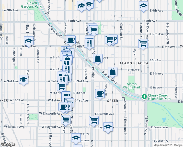 map of restaurants, bars, coffee shops, grocery stores, and more near 320 Grant Street in Denver