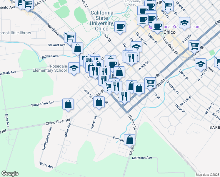 map of restaurants, bars, coffee shops, grocery stores, and more near 1046 West 6th Street in Chico