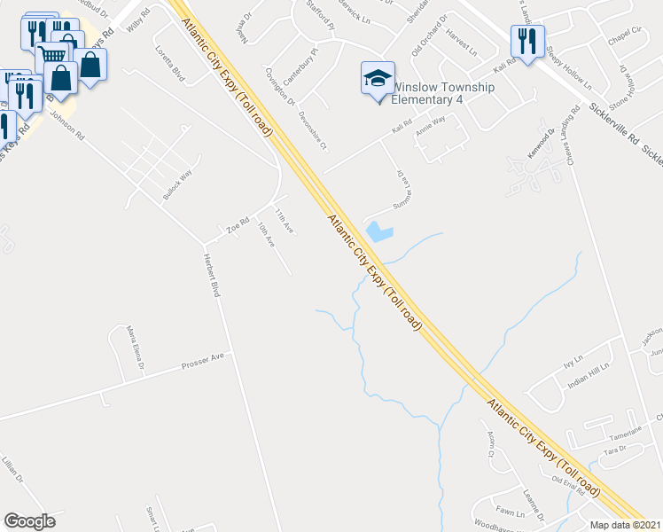 map of restaurants, bars, coffee shops, grocery stores, and more near 572 Zoe Road in Sicklerville